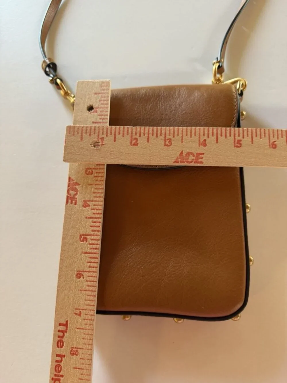 Rebecca Minkoff brown leather crossbody phone gold studded bag travel